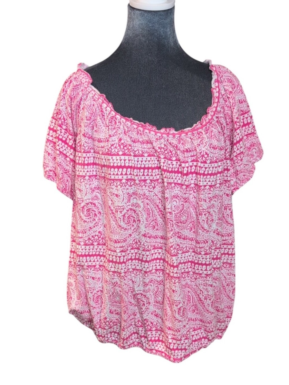 Lane Bryant Fun & Flirty Pink & White Print Peasant Top Size 22/24